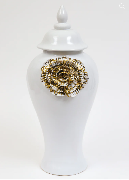 White Ginger Jar With Large Gold Flower Detail (3 Sizes)
