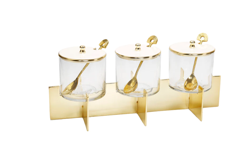Three Glass Canister Set White Lids Gold Block Base