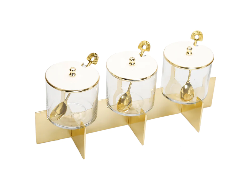 Three Glass Canister Set White Lids Gold Block Base