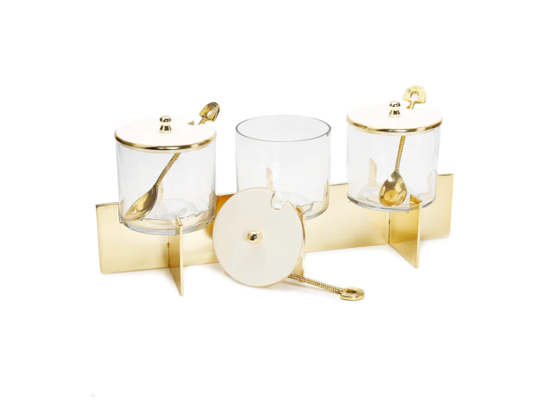 Three Glass Canister Set White Lids Gold Block Base