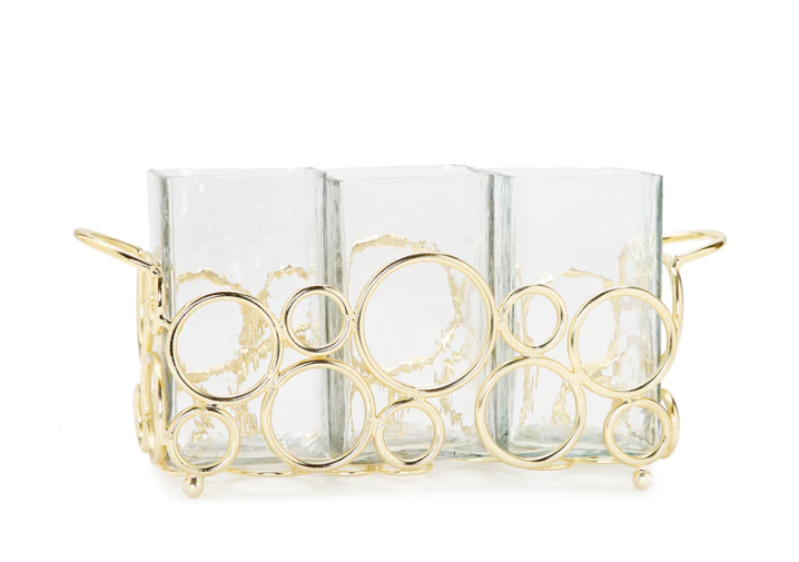 Gold & Glass Utensil Holder with Gold Circular Details