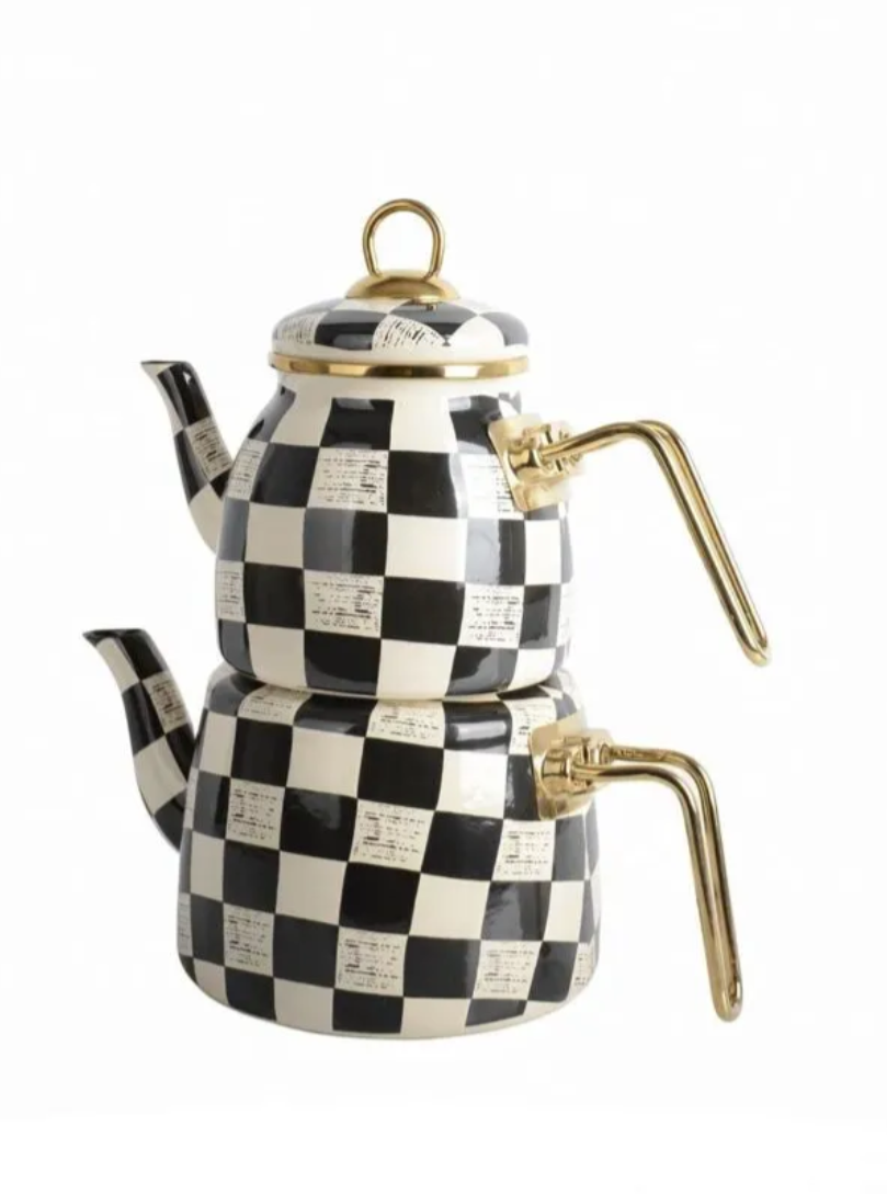 Checkered Enamel Double Turkish Tea Pot Kettle