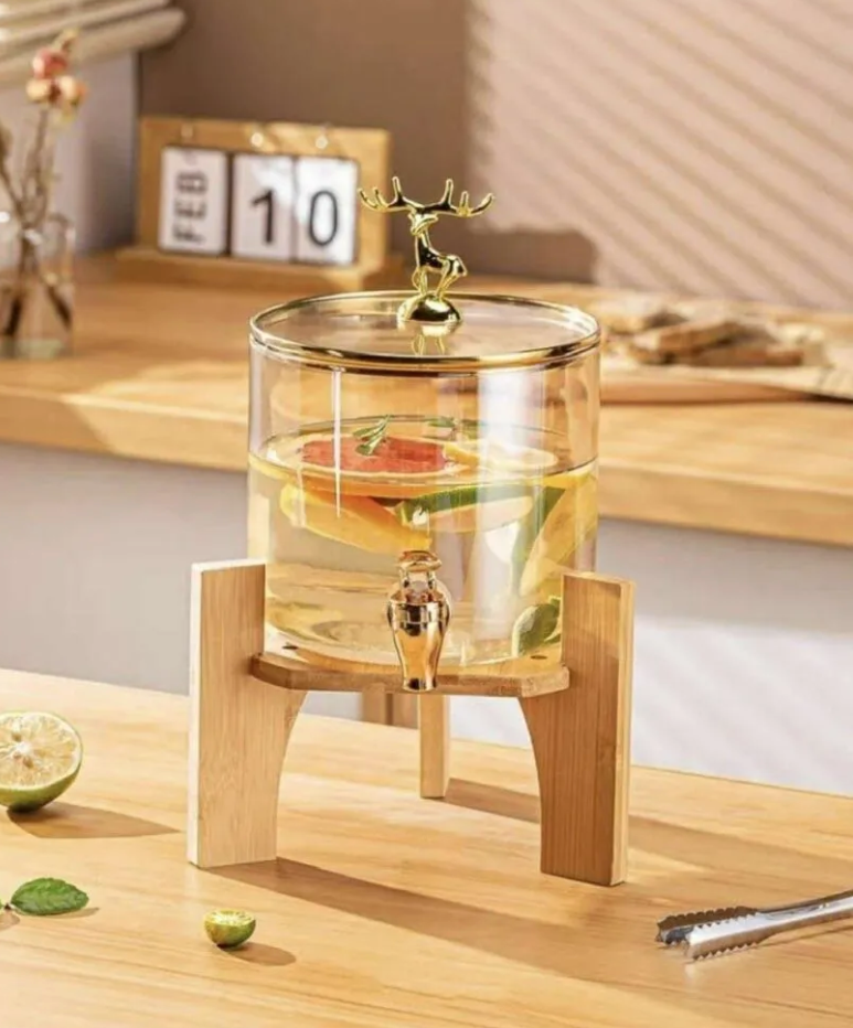 Beverage Dispenser with Wooden Stand and Deer Detailed Lid