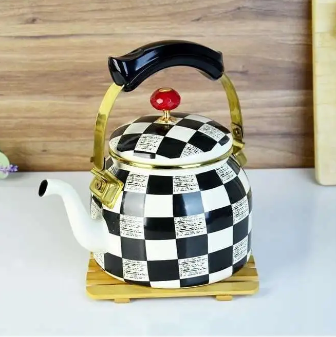 Black and White Checkered Enamel Teapot