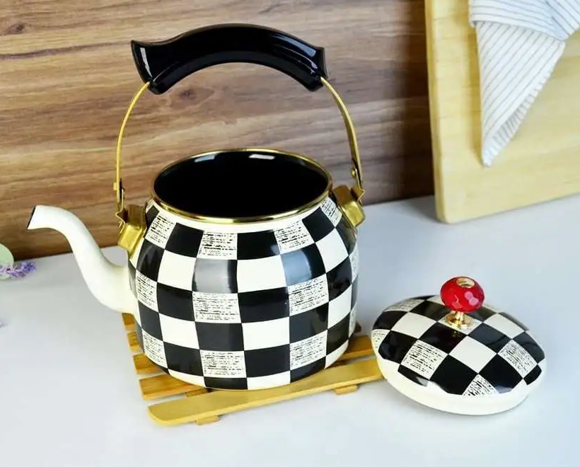 Black and White Checkered Enamel Teapot