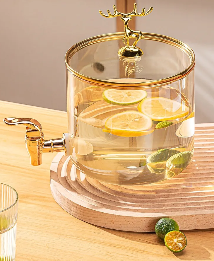 Beverage Dispenser with Wooden Stand and Deer Detailed Lid