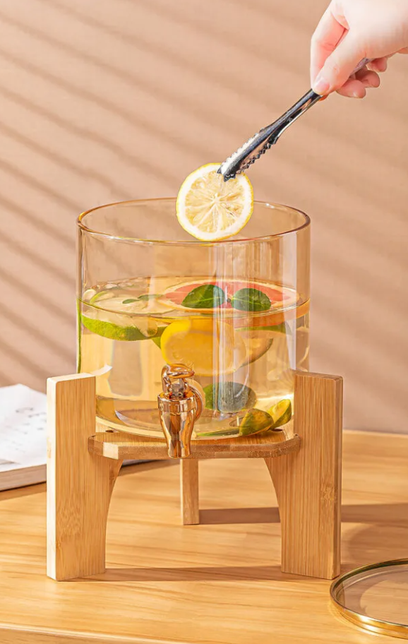 Beverage Dispenser with Wooden Stand and Deer Detailed Lid