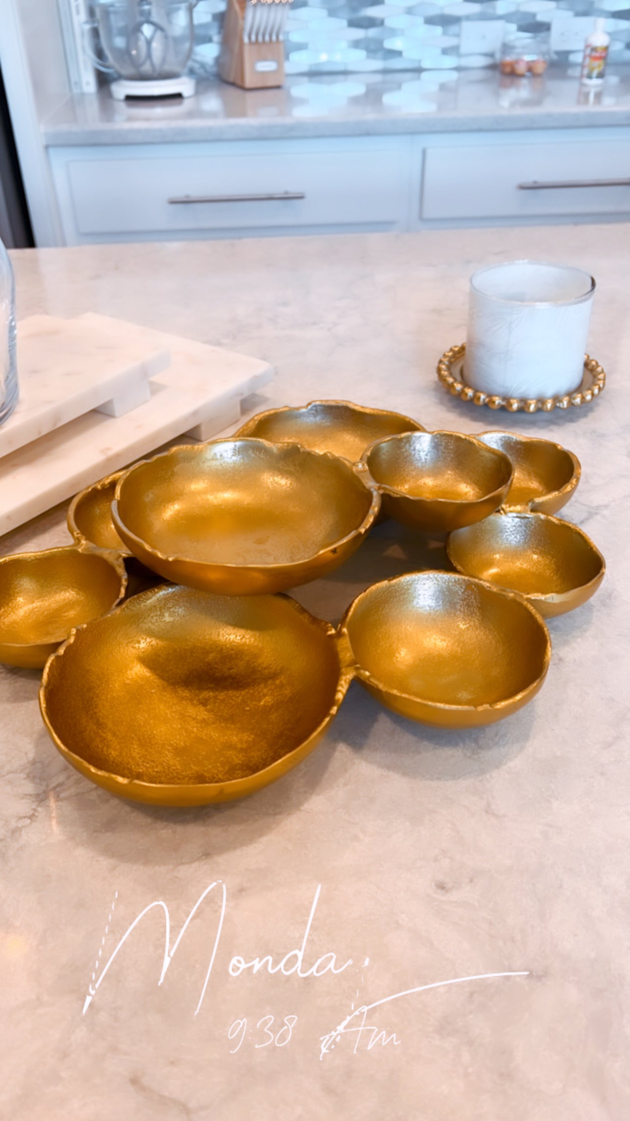 Gold 9 Cluster Hammered Snack Serving Bowls Black and Brass Home Decor