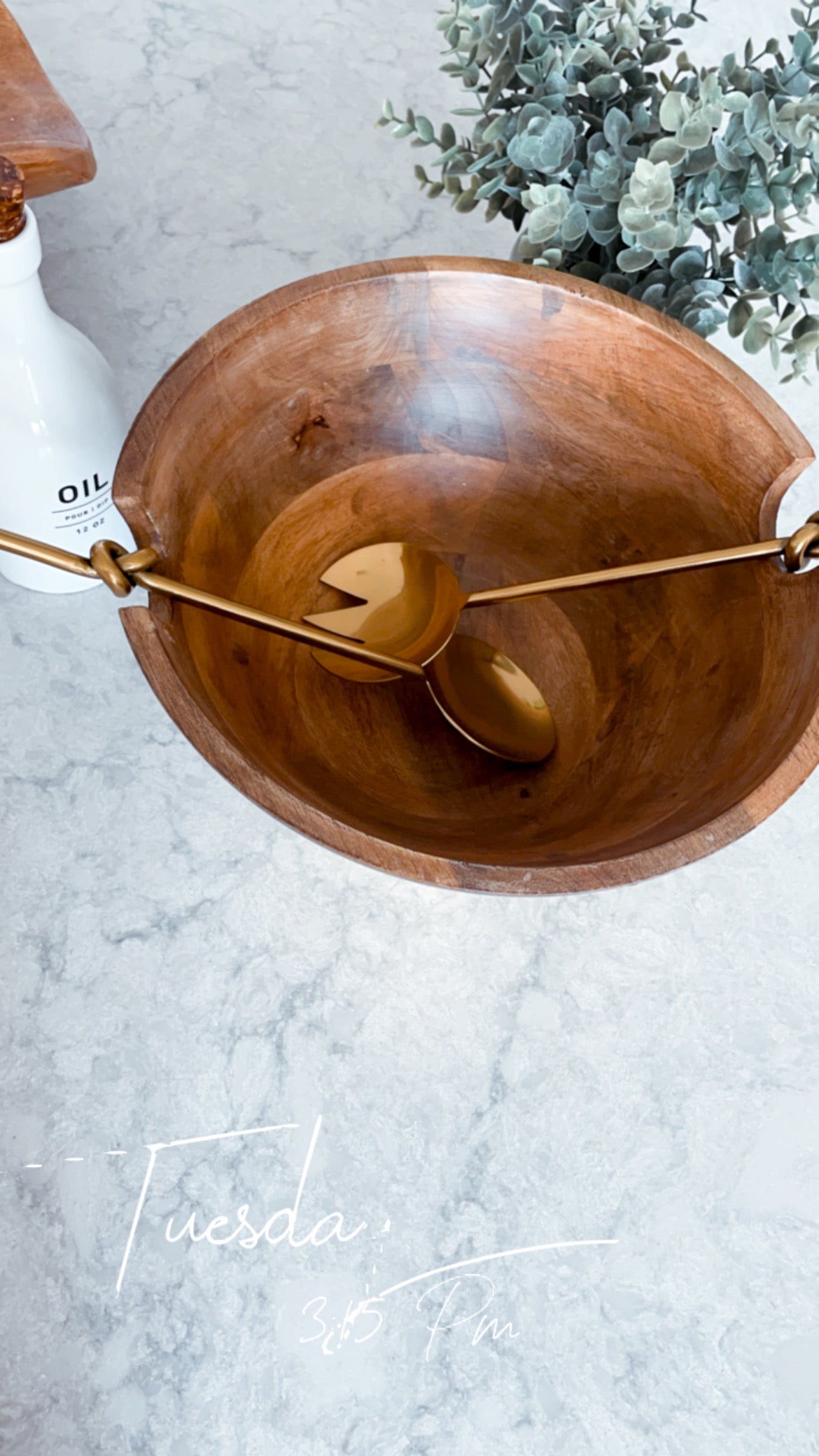 Gold and Wood Serving Bowl Set with Serving Spoons