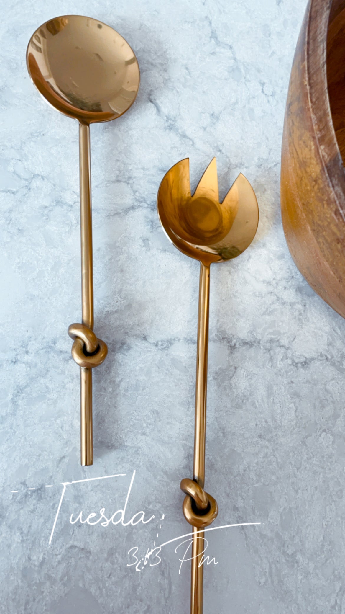 Gold and Wood Serving Bowl Set with Serving Spoons