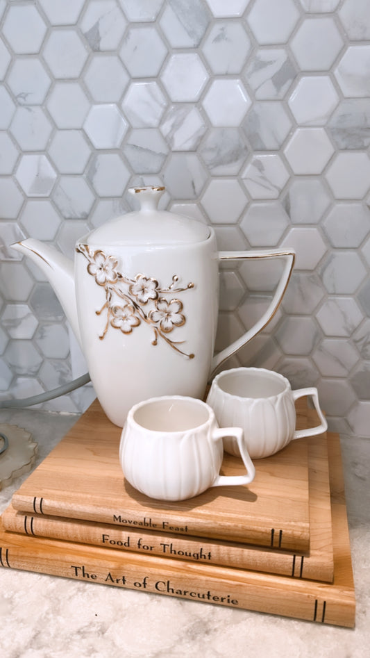 White and Gold lidded Teapot w/ Floral Details