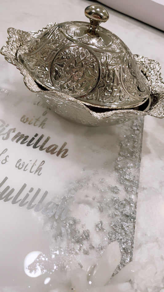 Silver Arabic Calligraphy Date Bowl with Lid