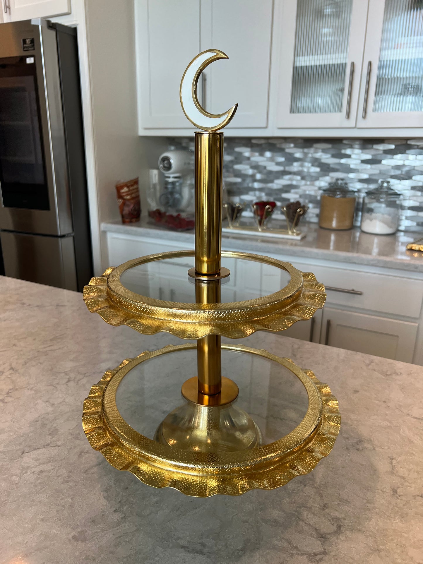 Two Tiered Cake Stand with Ripple Edge with Moon Details (Ramadan/Moon) (2 Color)