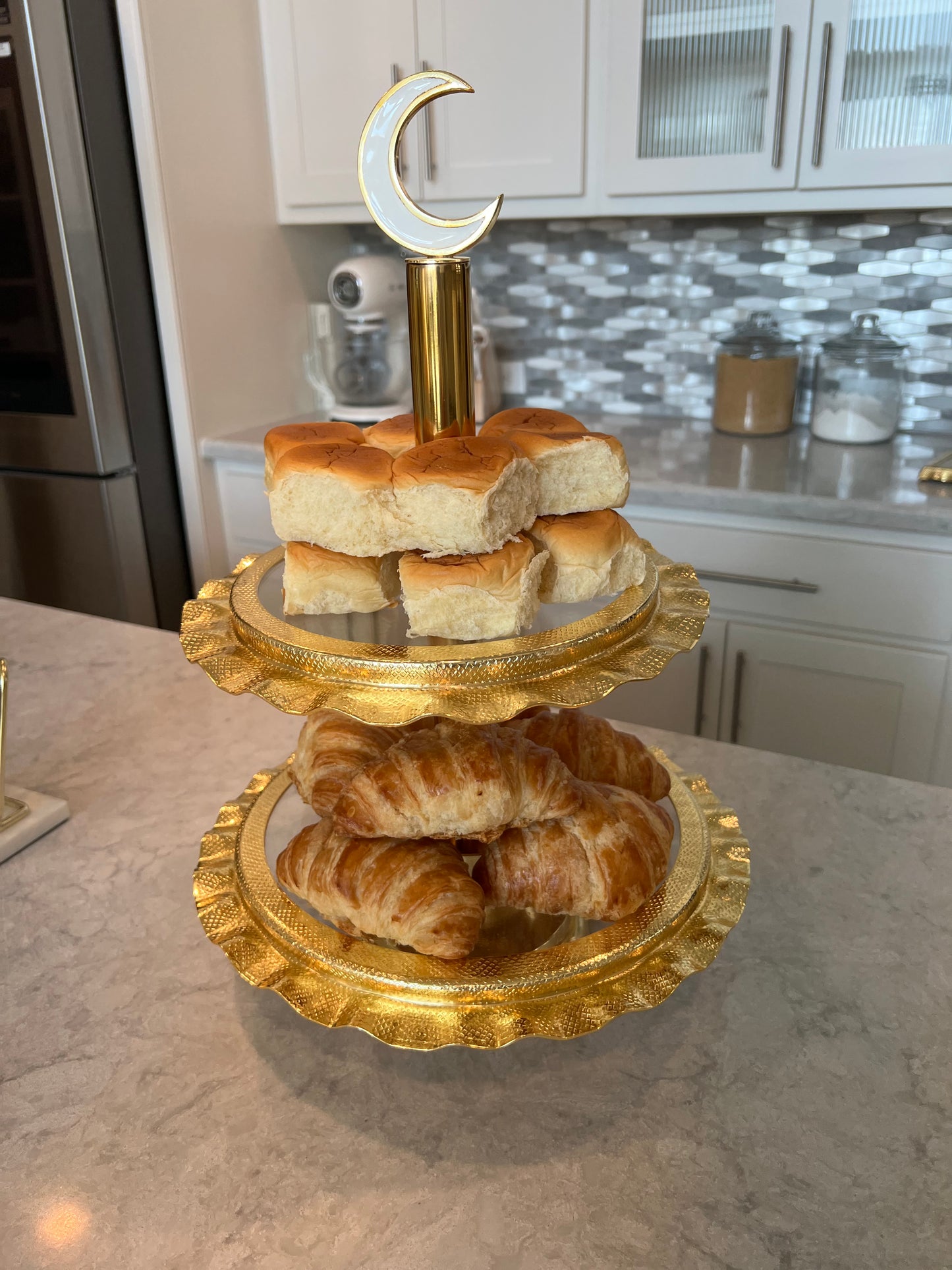 Two Tiered Cake Stand with Ripple Edge with Moon Details (Ramadan/Moon) (2 Color)