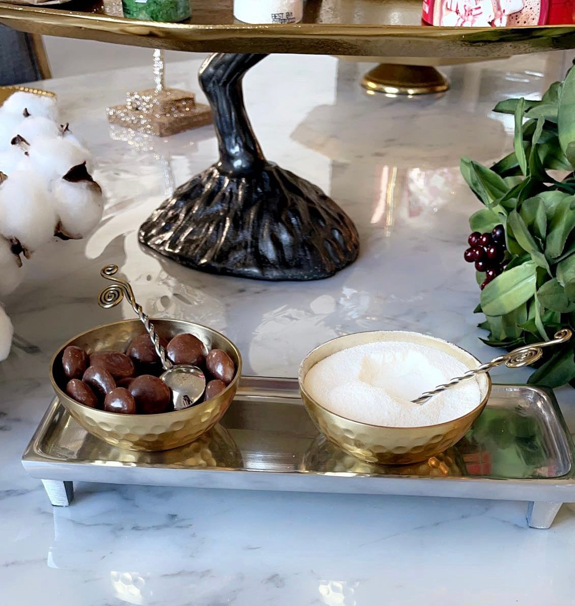 SILVER TRAY WITH GOLD BOWLS W/ SPOONS