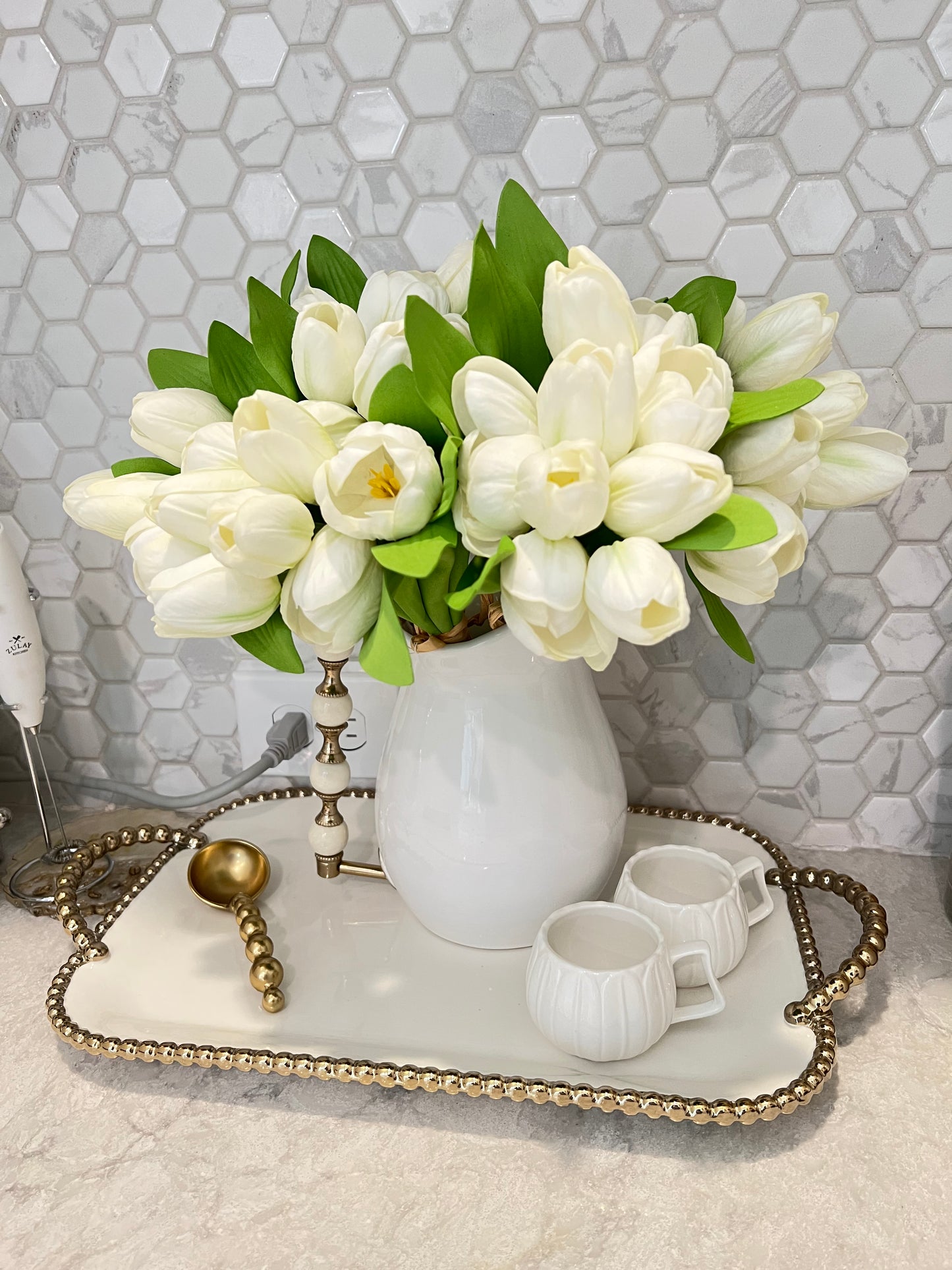 Gold and White Beaded Tray w/ Beaded Handles