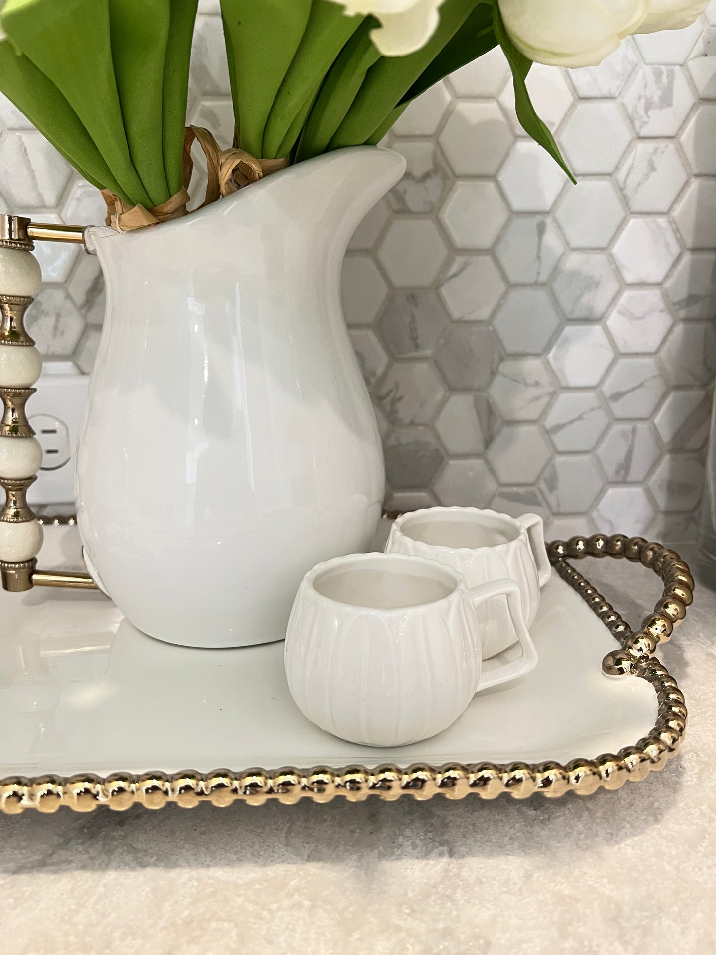 Gold and White Beaded Tray w/ Beaded Handles