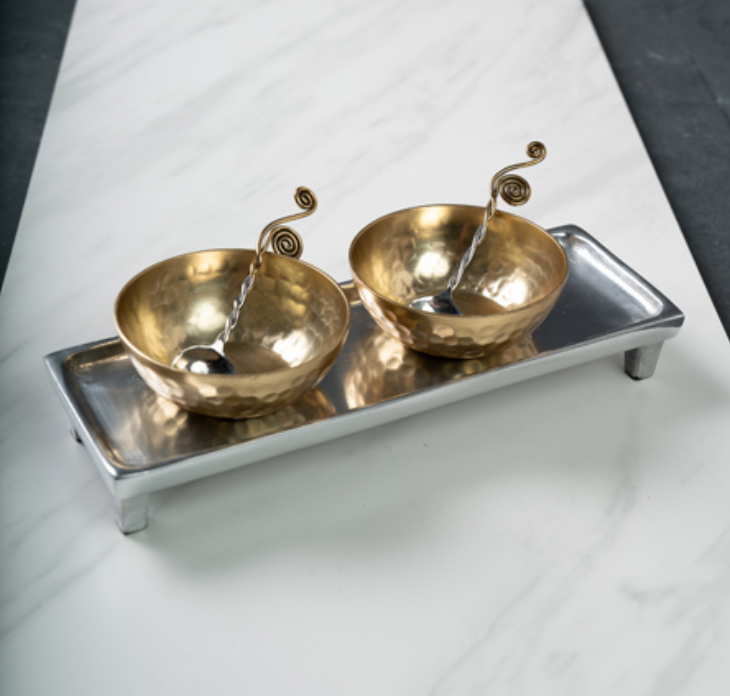 SILVER TRAY WITH GOLD BOWLS W/ SPOONS