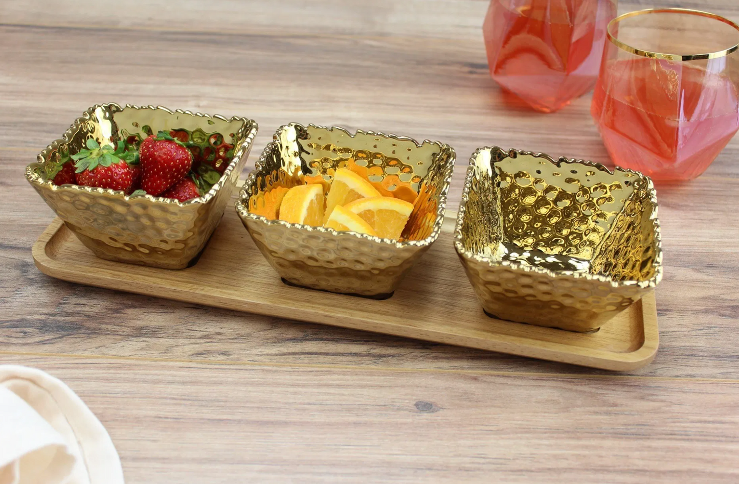 PORCELAIN Gold 3 Bowls with Wood Tray