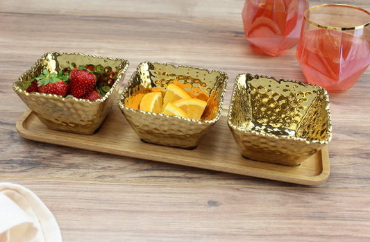 PORCELAIN Gold 3 Bowls with Wood Tray