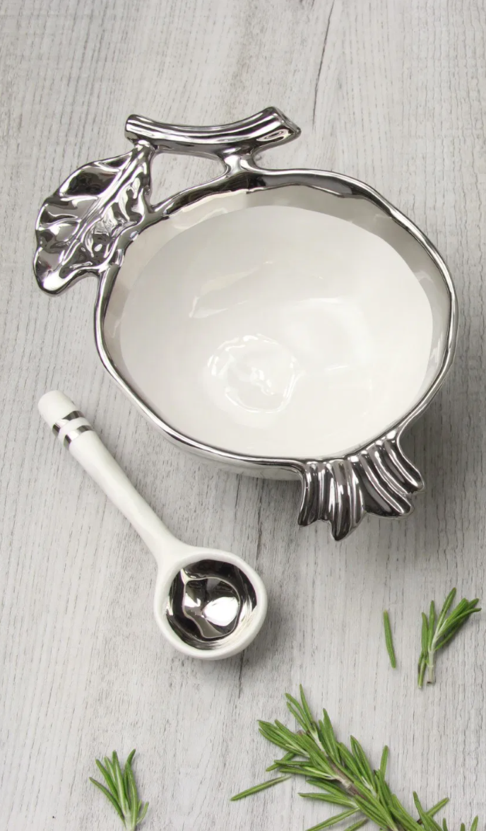 Silver Hammered Snack Bowl with Leaf Handle