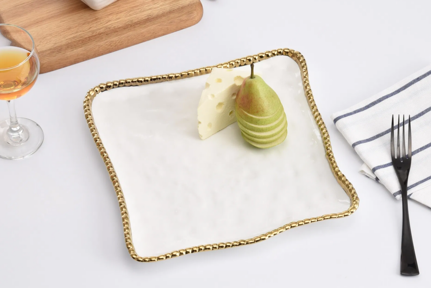 Gold and White Beaded Square Dinner Plate