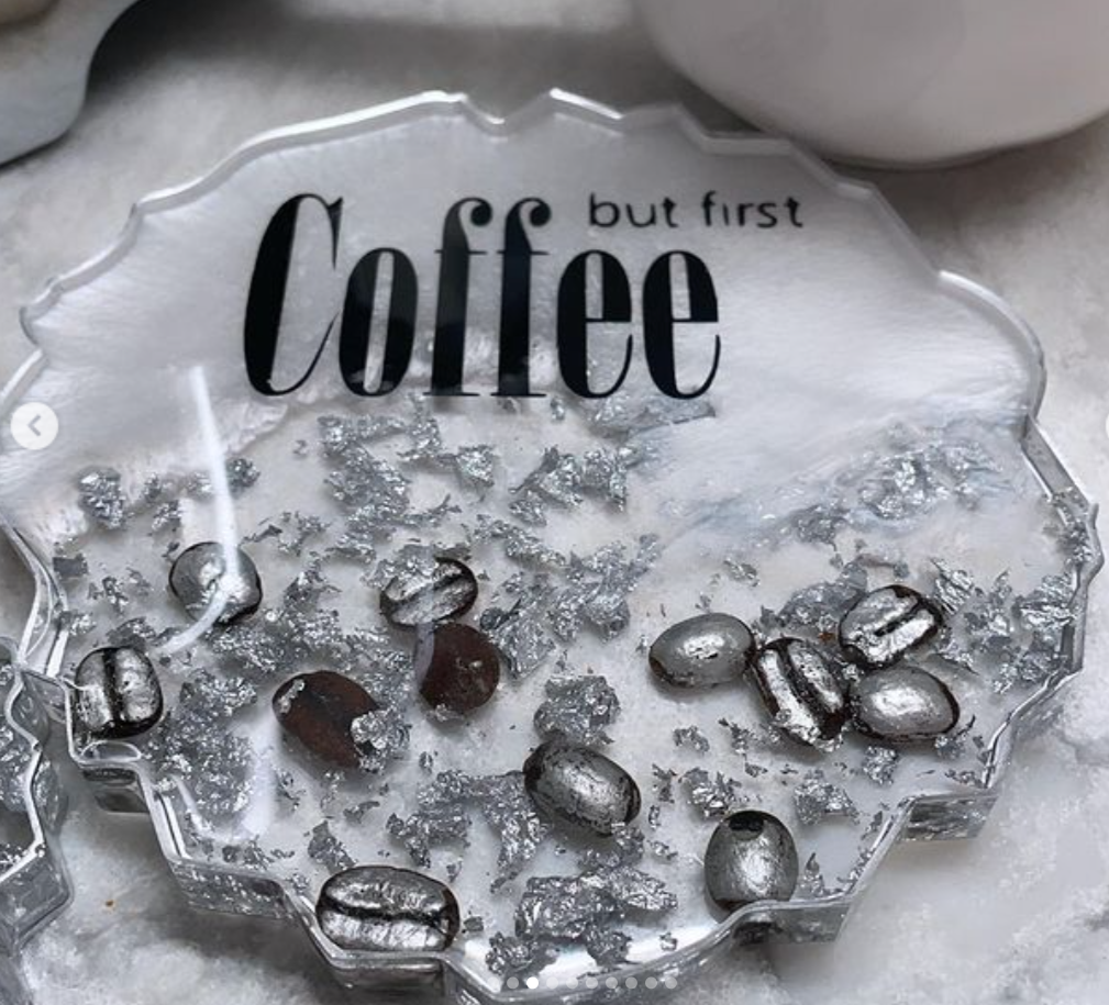 Silver Metallic Coffee Bean Resin Coaster (w/ Wording)