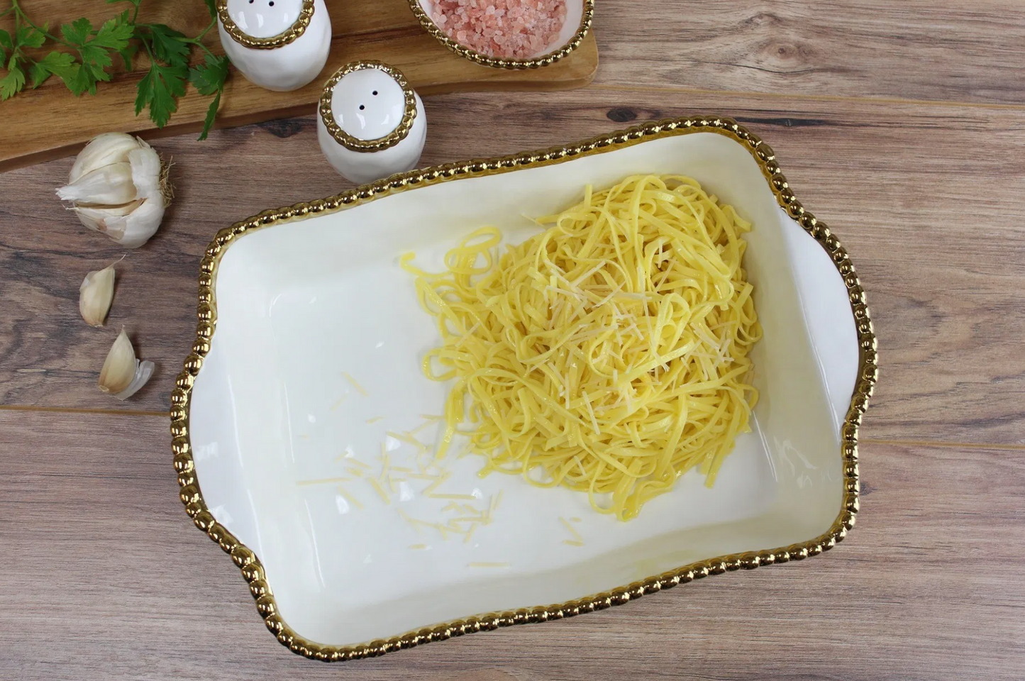 Gold and White Beaded Retangular Baking/Serving Dish