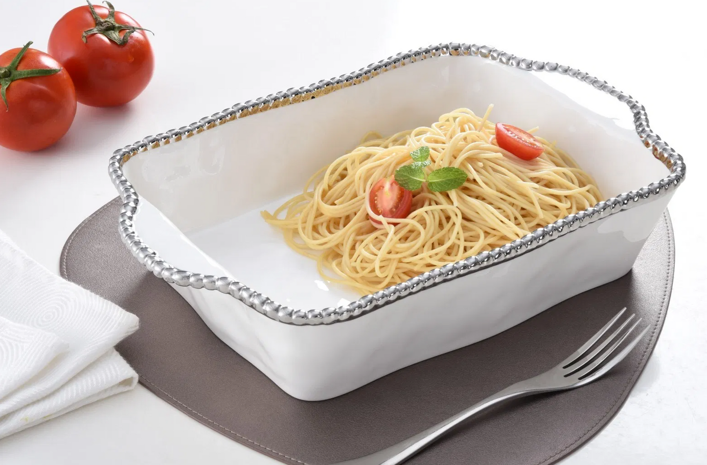 Silver and White Beaded Rectangular Baking/Serving Dish