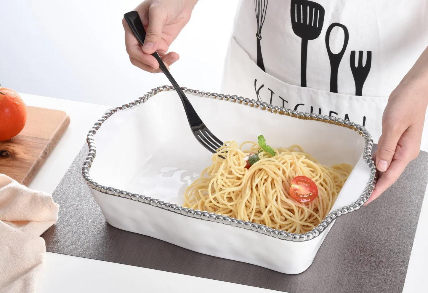 Silver and White Beaded Rectangular Baking/Serving Dish