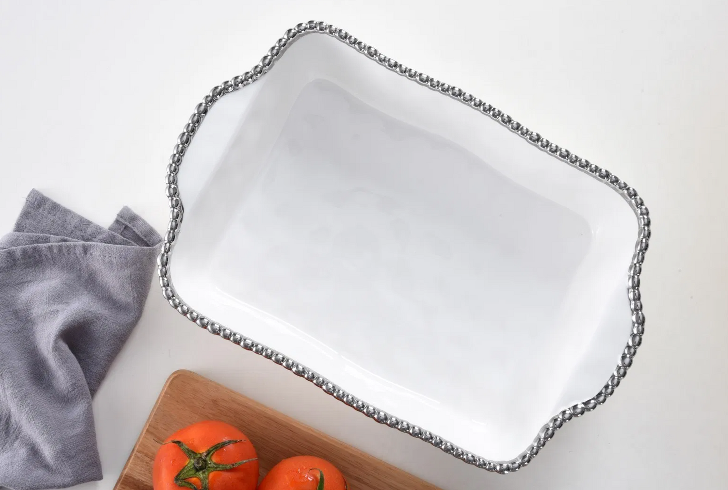 Silver and White Beaded Rectangular Baking/Serving Dish