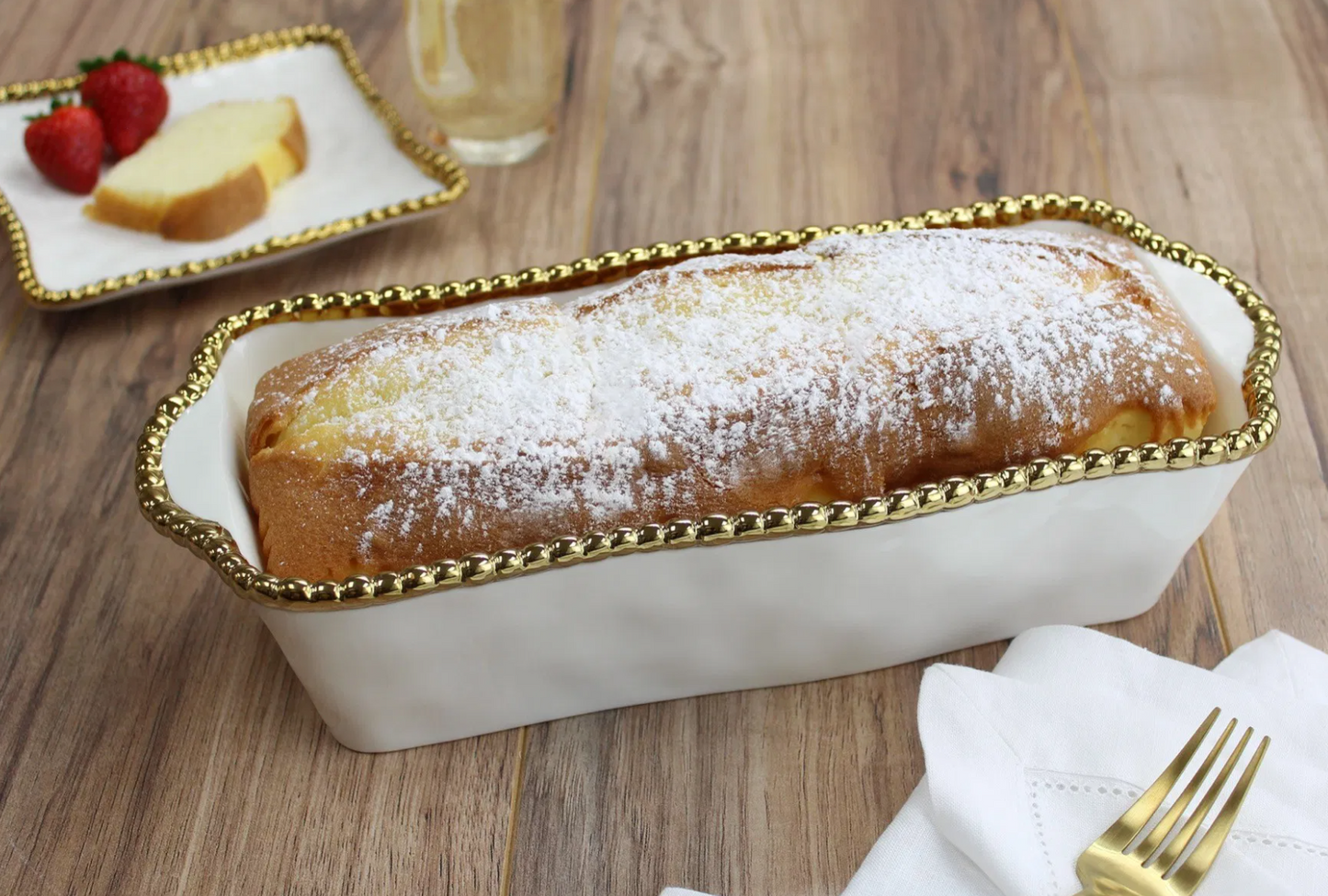 Gold and White Beaded Loaf Baking Dish
