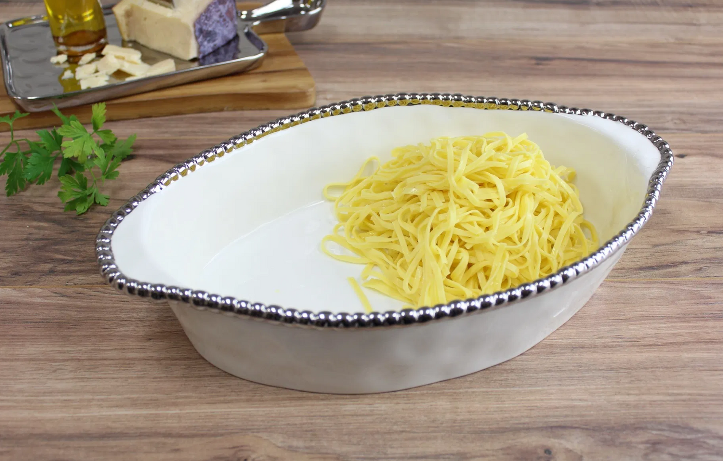 Silver and White Beaded Oval Baking/Serving Dish