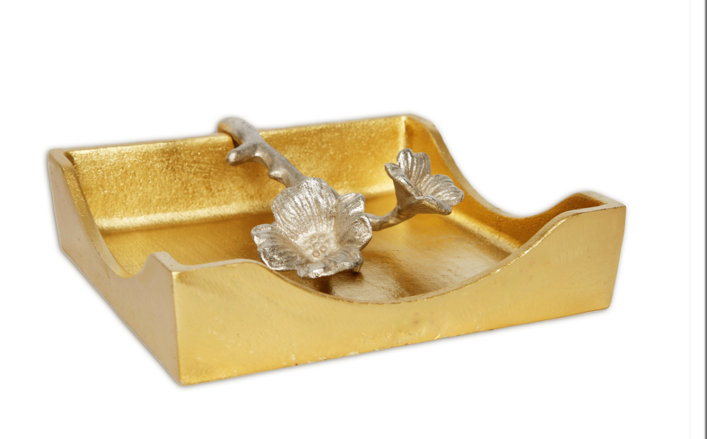 Gold Square Napkin Holder With Silver Leaf Design