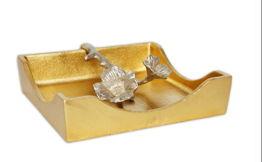 Gold Square Napkin Holder With Silver Leaf Design