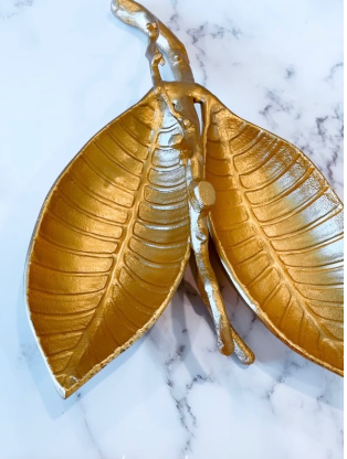 Gold Leaf Shaped Relish Double Dish with Birch