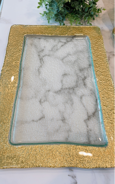 Large Glass Rectangle Tray with Gold Embossed Border