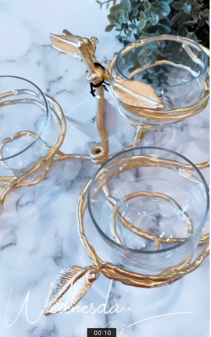 Gold Leaf 3 bowl Snack Dish with Glass Inserts