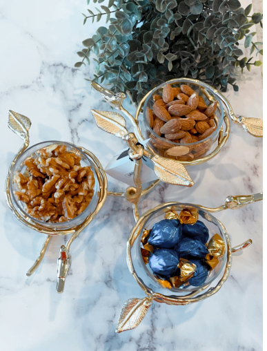 Gold Leaf 3 bowl Snack Dish with Glass Inserts
