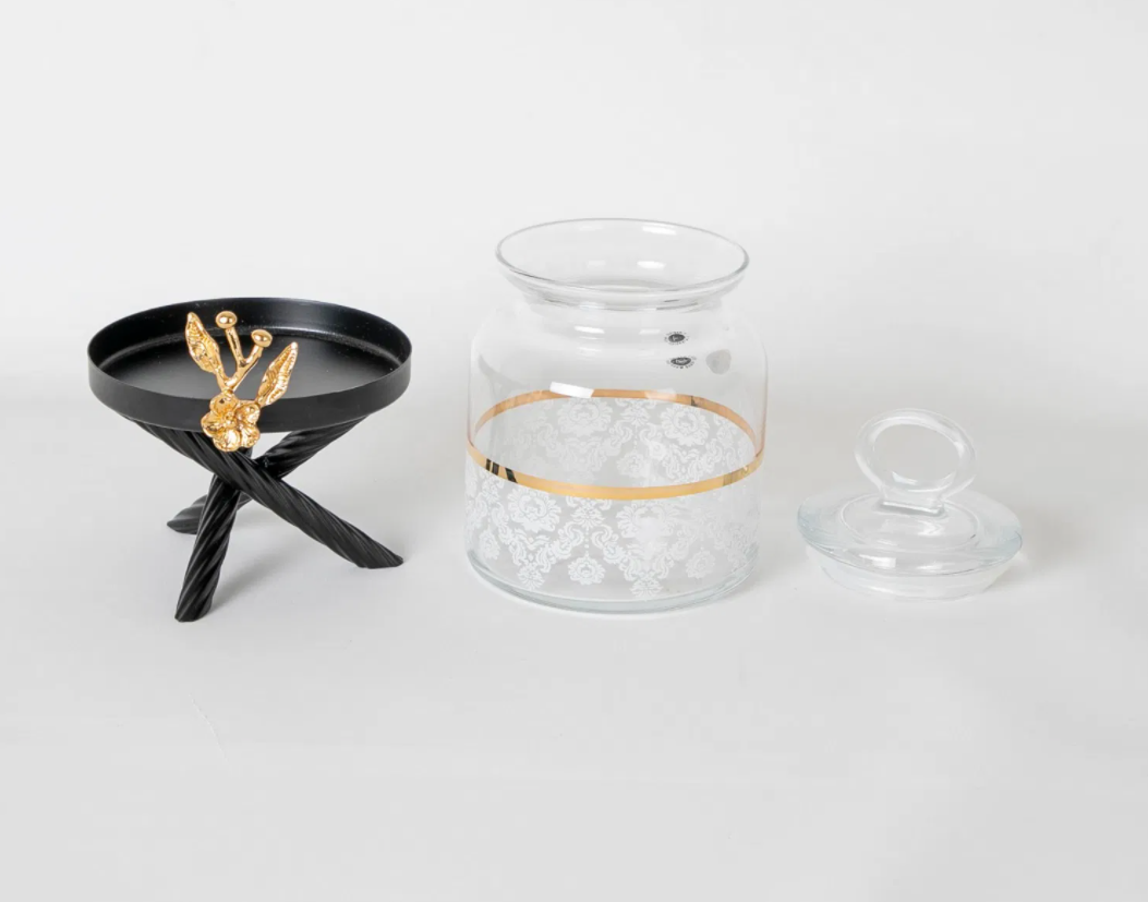 Gold and Black-Lace Color Jar Set With Metal Stand (3 PIECES)