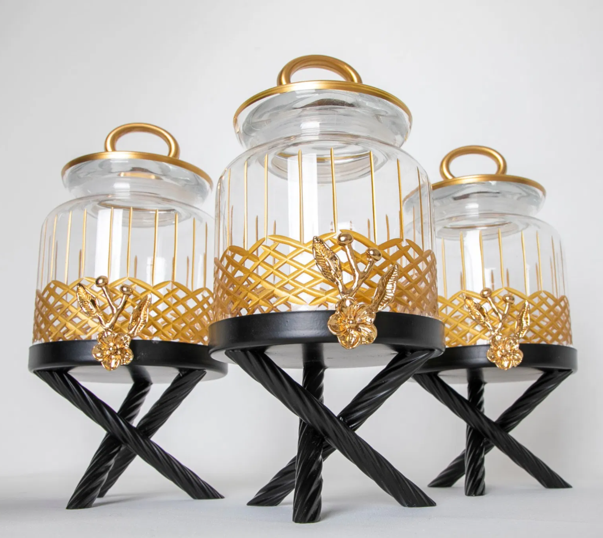 Gold Floral Color Jar Set With Black Metal Stand (3 Piece SET)