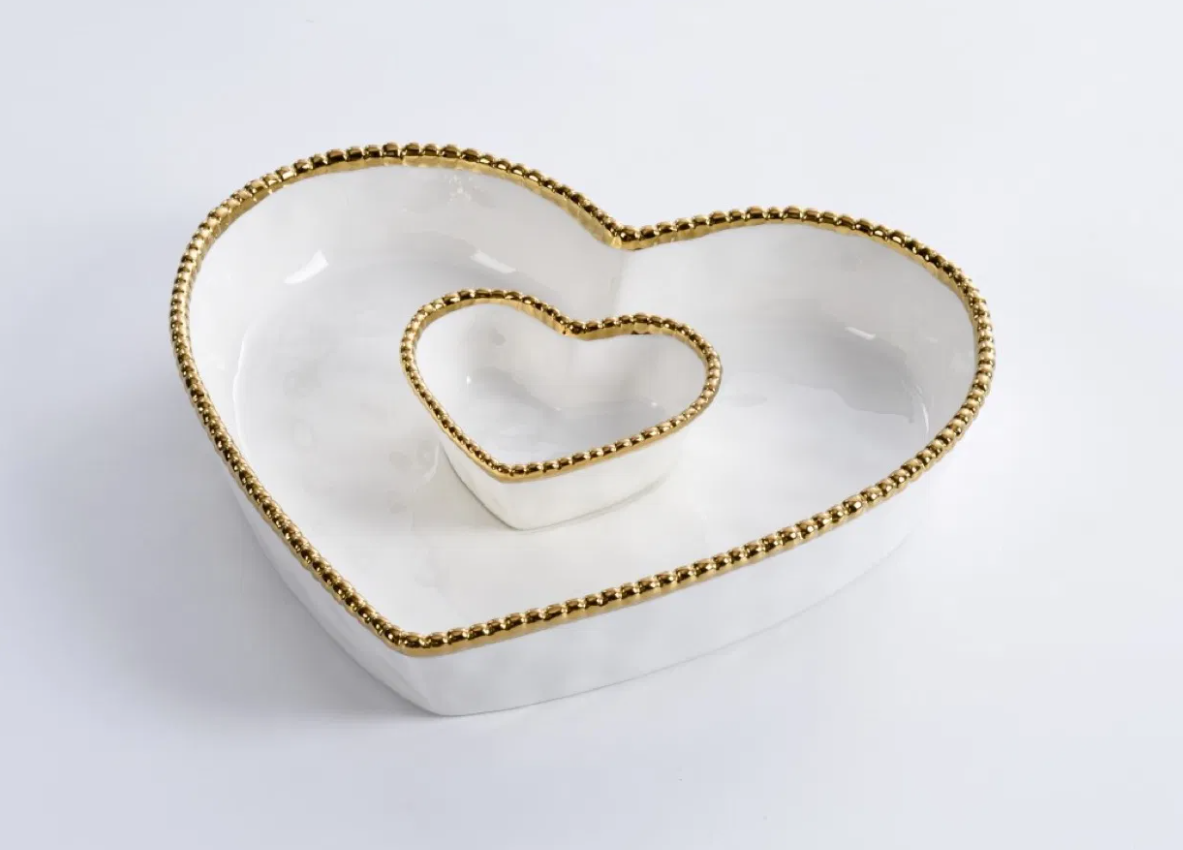 White and Gold Beaded Heart Chip & Dip