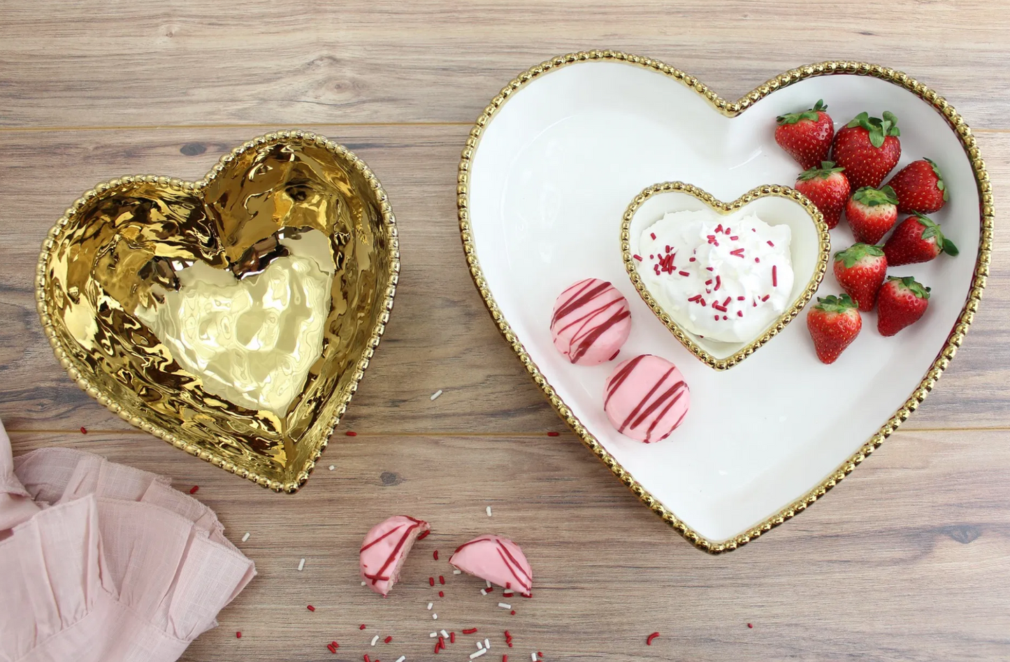 White and Gold Beaded Heart Chip & Dip