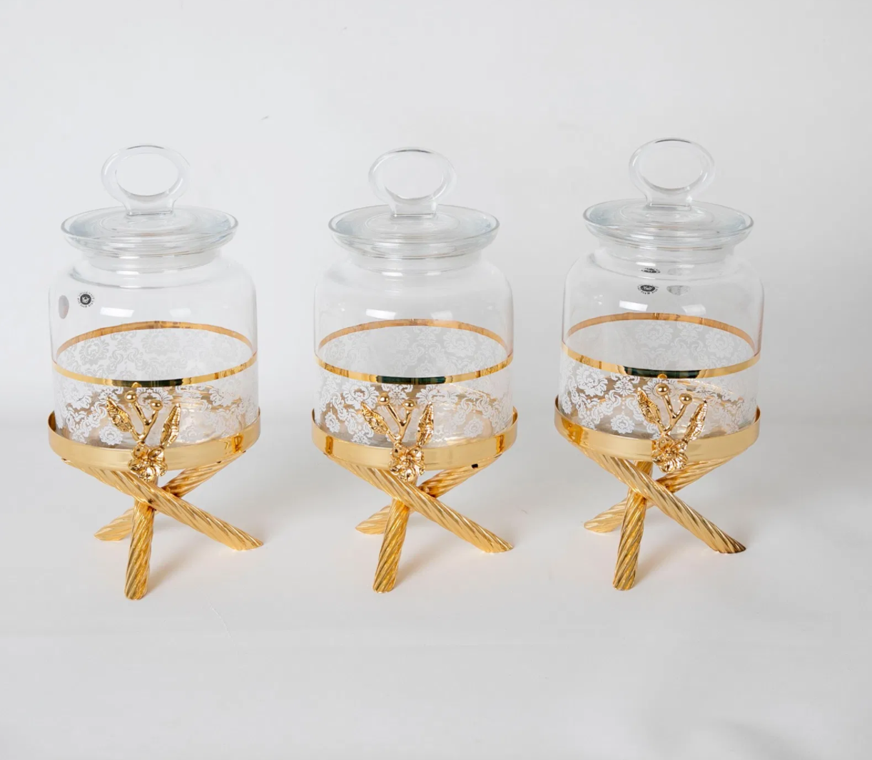 Gold Floral Canister Set With Metal Stand (3 PIECES)