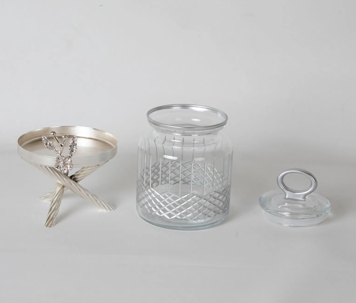 Silver Floral Canister with Metal Stand (3 Pieces Set)