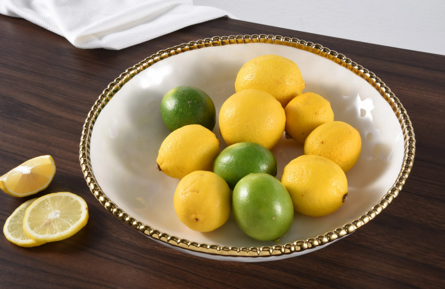 Gold and White Beaded Footed Serving Bowl