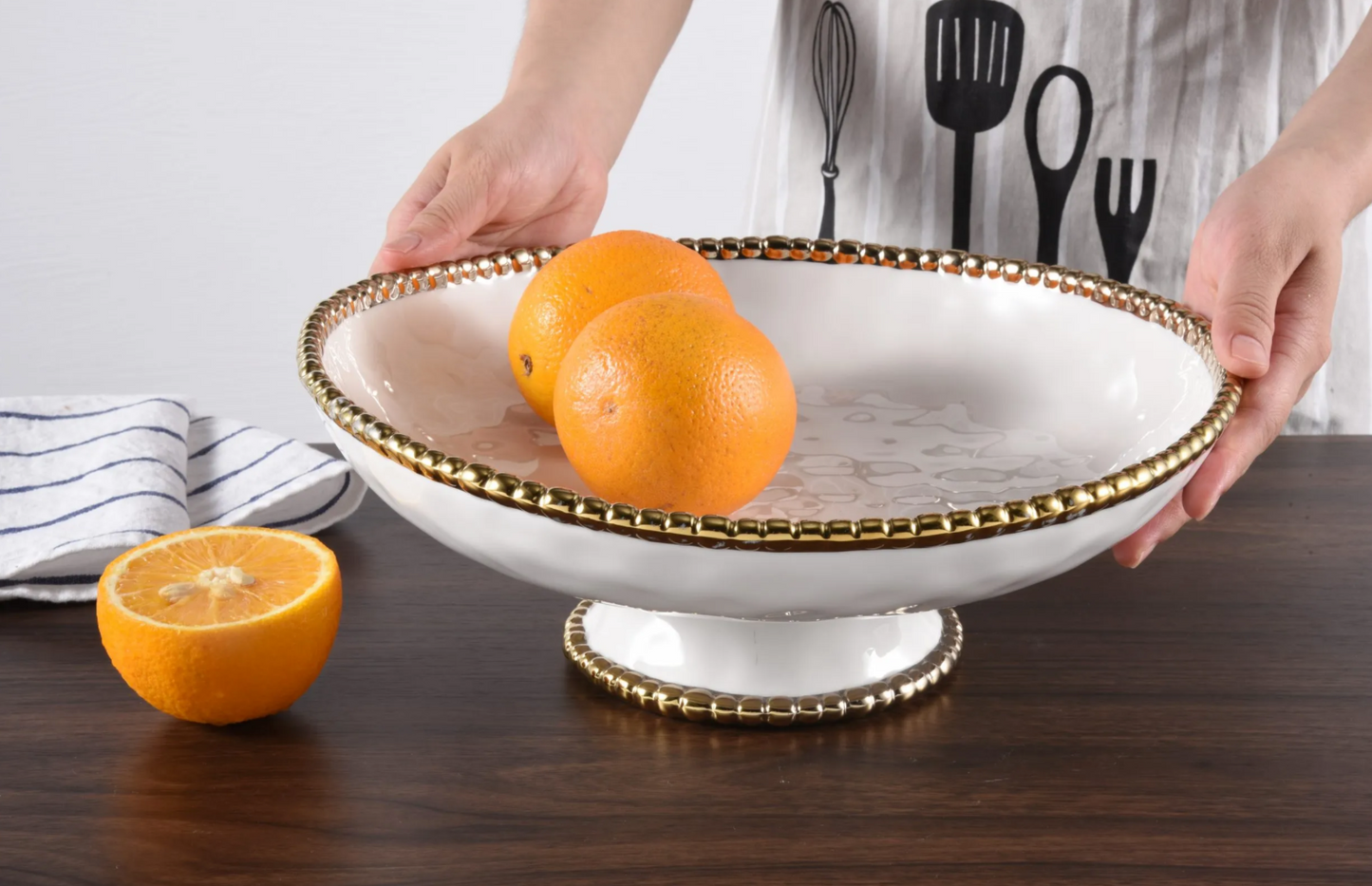 Gold and White Beaded Footed Serving Bowl