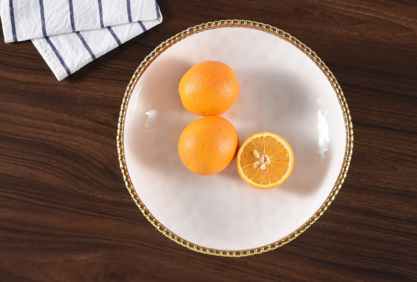 Gold and White Beaded Footed Serving Bowl