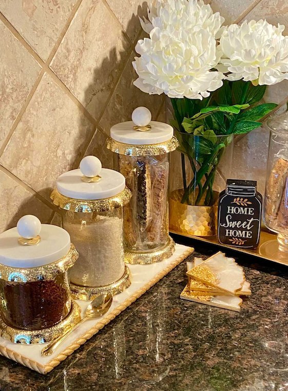 MARBLE & GOLD HAMMERED CANISTERS (3 PIECES SET)