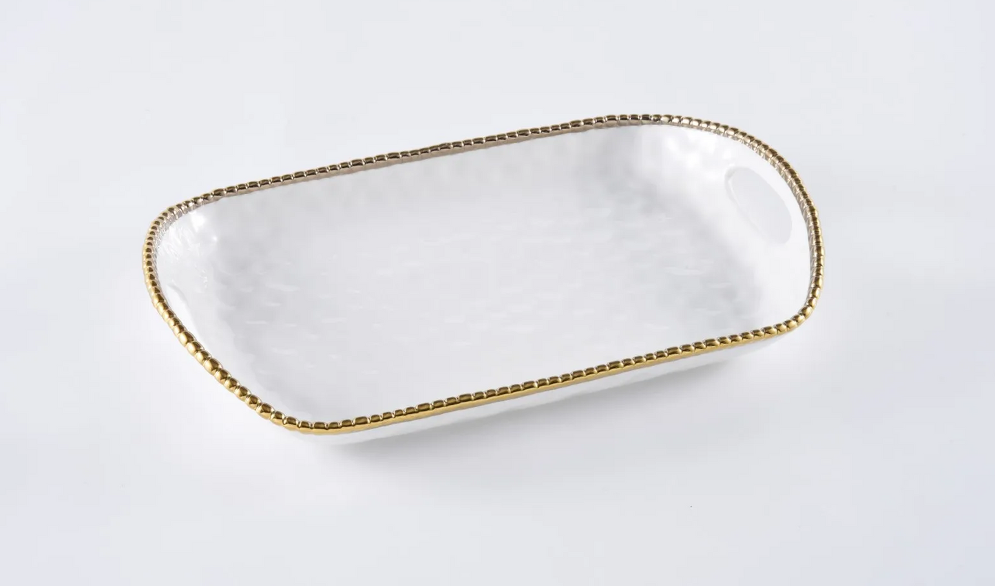Gold and White Beaded Tray w/ Handle (Extra Large)